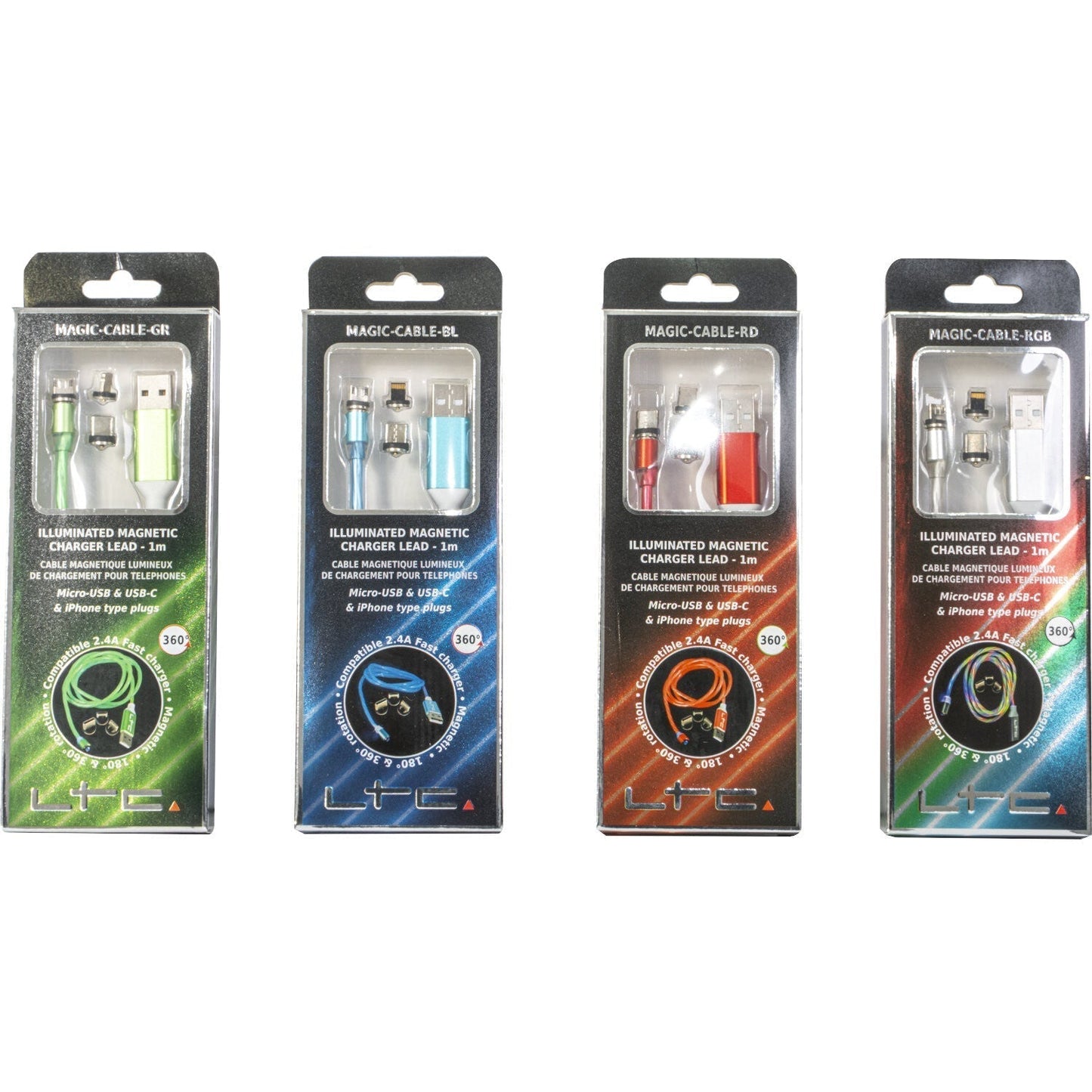 Magic-Cable-GR - Câble de Charge Magnétique multi embout USB micro/USB/Iphone Lumineux Vert - 1 m