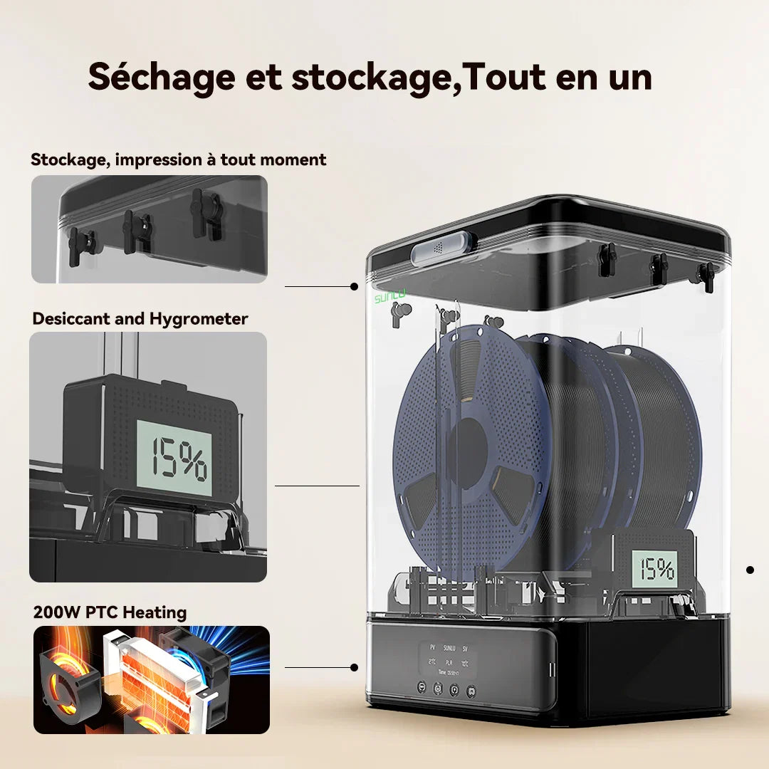 Pack Sunlu FilaDryer SP2 - 2 Boite de stockage + Base Chauffante + 2 Bobines PLA+2.0 Noir 1 kg