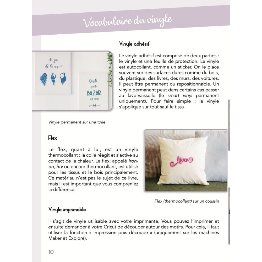 exemple de page du livre d'anne sophie gouverneur Cricut - Livre - Mes matériaux Cricut 100 % Vinyle