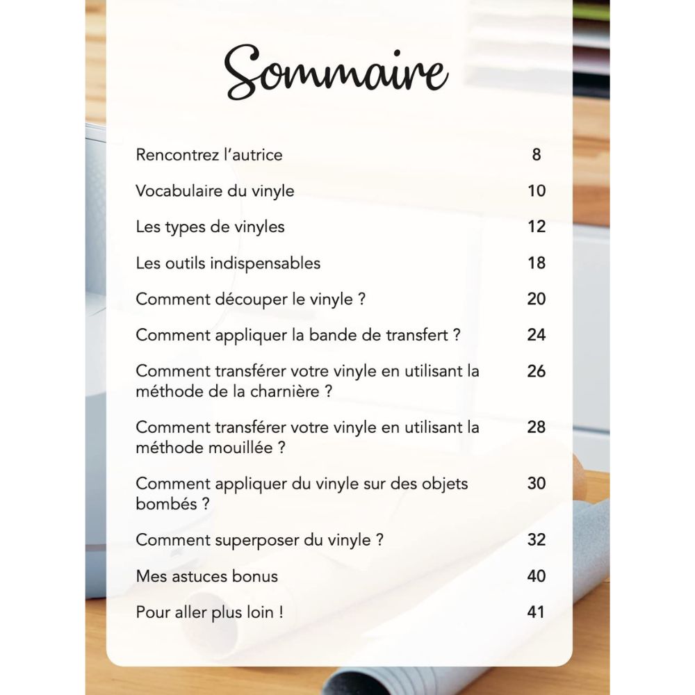Cricut -sommaire du  Livre d'anne sophie gouverneur - Mes matériaux Cricut 100 % Vinyle