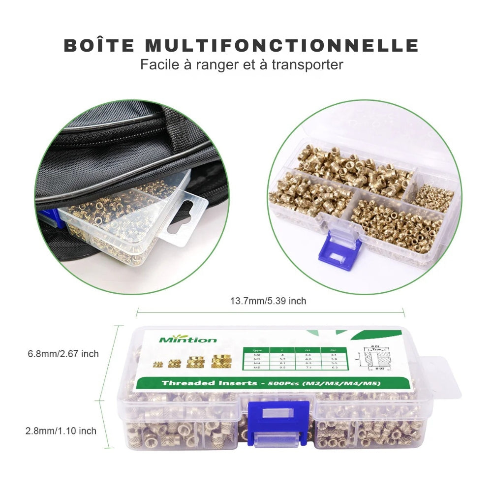 Mintion - Kit d'Inserts Filetés (Threaded Inserts Kit NutoPress) - 500 pcs