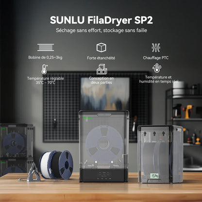 Pack Sunlu FilaDryer SP2 - 2 Boite de stockage + Base Chauffante + 2 Bobines PLA+2.0 Noir 1 kg