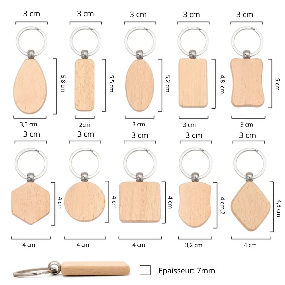 Taille des 10 porte clés en bois xtool de tailles différentes avec le détail de toutes les tailles